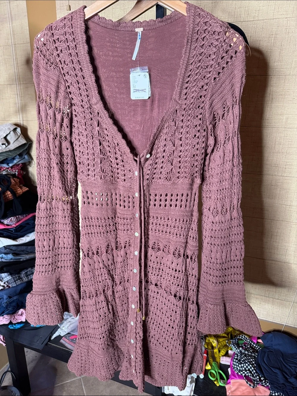 NWT Free People Sedona Crochet Mini Dress Chocolate Brown Bell Sleeve Sz Medium